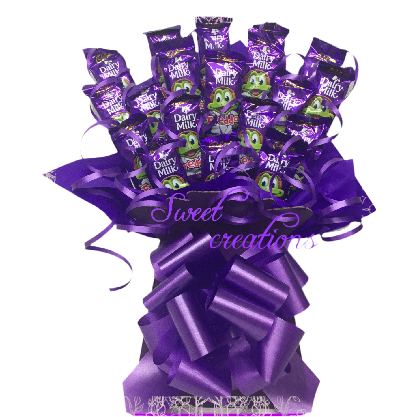 Dairy milk freddo chocolate bouquet sweet creations Christmas tablecentre party birthday gift purple frog sweet hamper