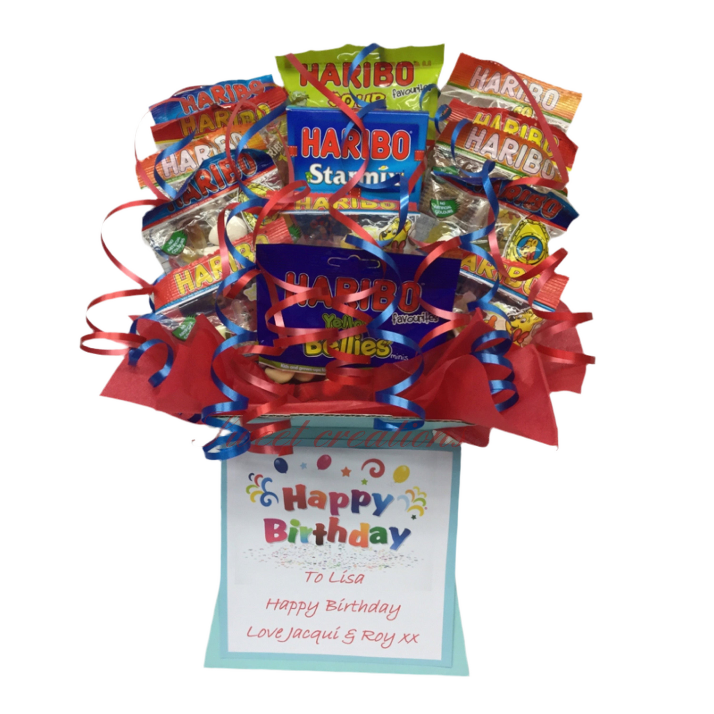 haribo sweet Bouquet SWEET CREATIONS Christmas sweet hamper Starmix tangfastics cola bottles jelly babies birthday party teblecentre