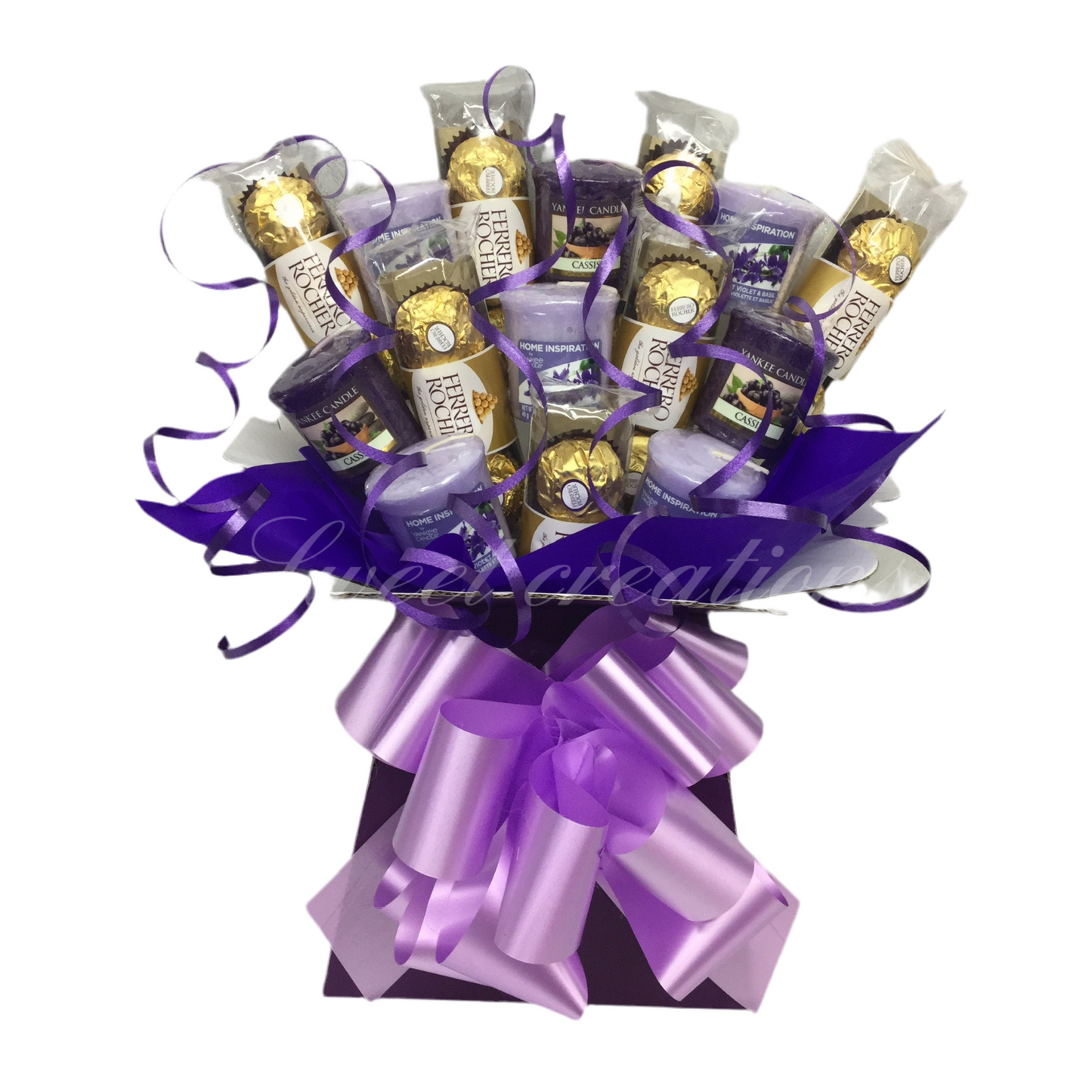 Chocolate and candle bouquet Ferrero rocher SWEET CREATIONS village candle Yankee candle tablecentre Christmas sweet hamper chocolate gift