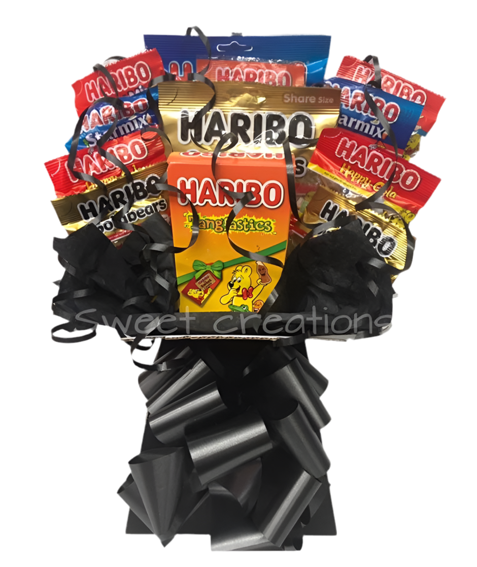 haribo sweet Bouquet SWEET CREATIONS Christmas sweet hamper Starmix tangfastics cola bottles jelly babies birthday party teblecentre
