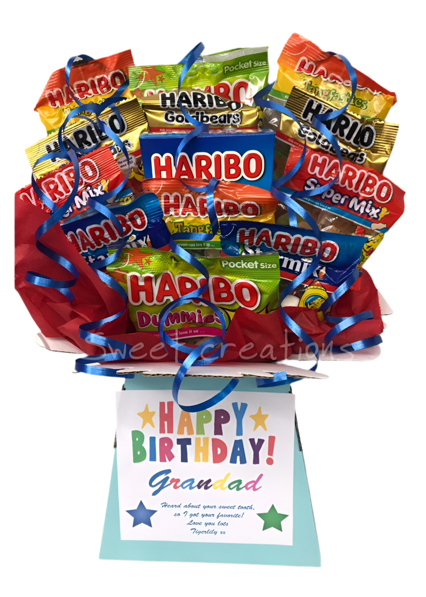 haribo sweet Bouquet SWEET CREATIONS Christmas sweet hamper Starmix tangfastics cola bottles jelly babies birthday party teblecentre