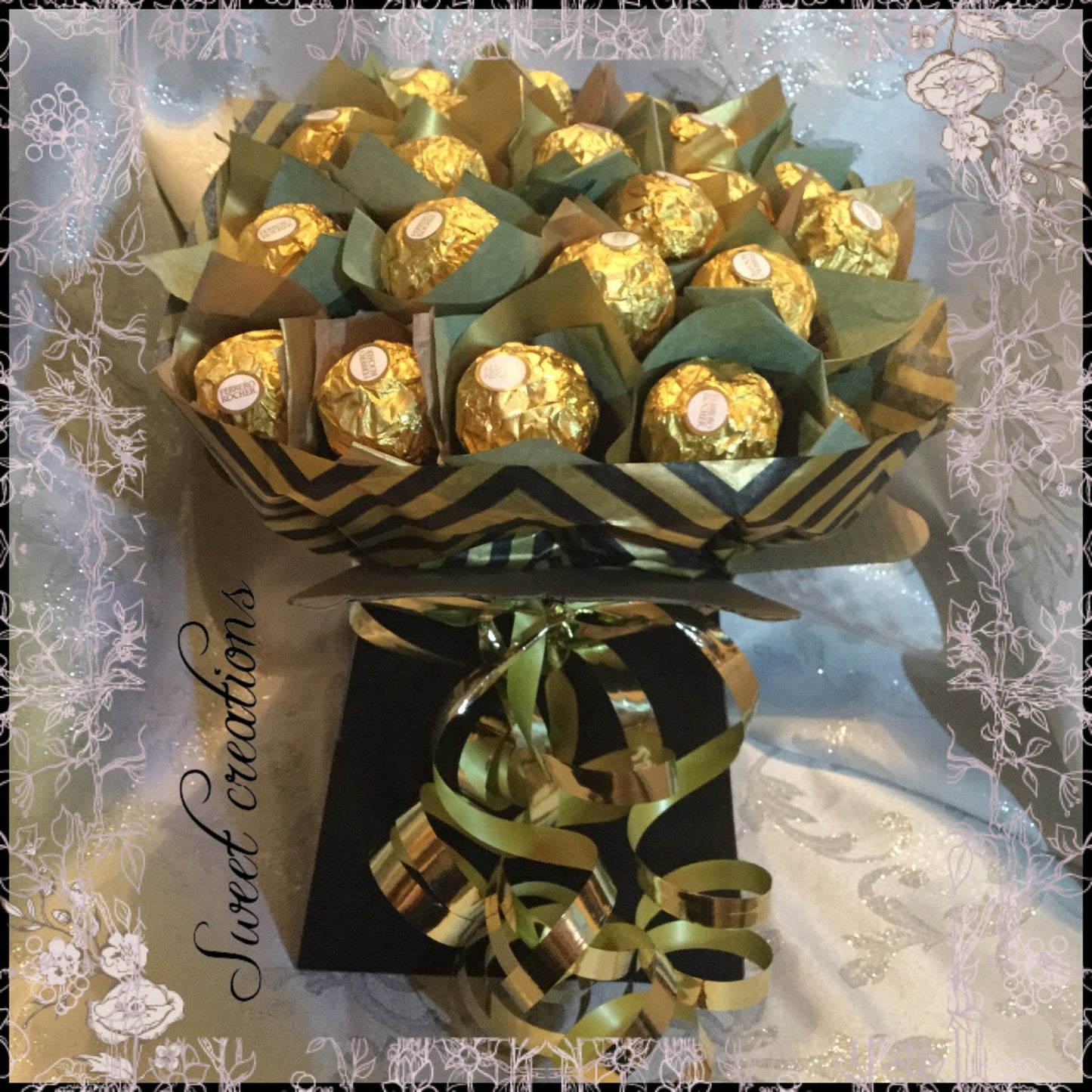 Ferrero Rocher chocolate bouquet gold and black SWEET CREATIONS sweet hamper gift party tablecentre christmas