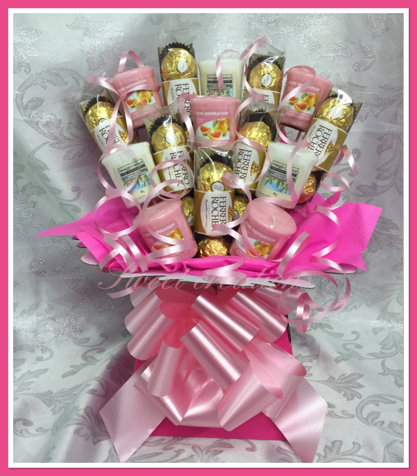 Chocolate and candle bouquet Ferrero rocher SWEET CREATIONS village candle Yankee candle tablecentre Christmas sweet hamper chocolate gift
