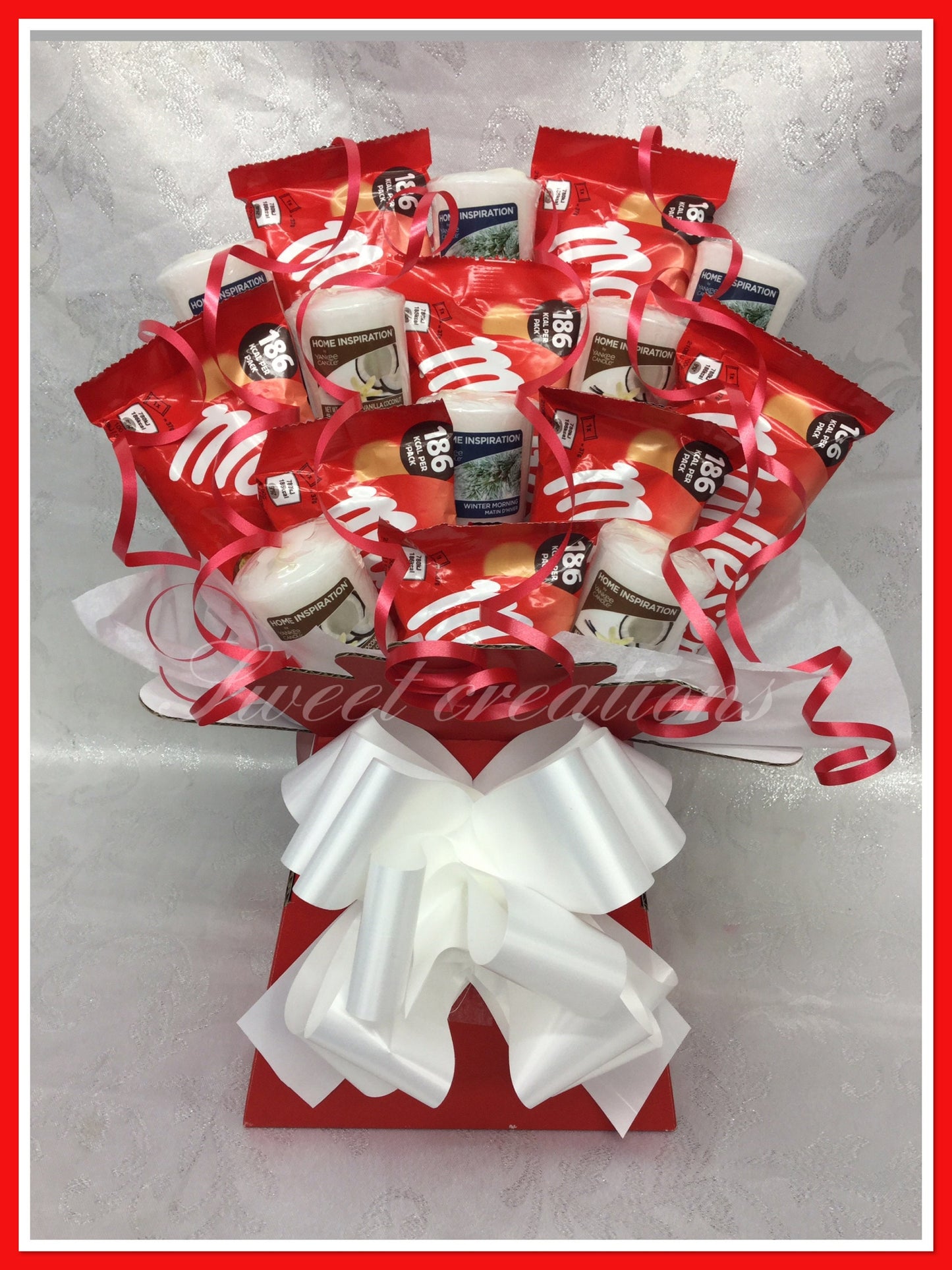 Chocolate and candle bouquet Ferrero rocher SWEET CREATIONS village candle Yankee candle tablecentre Christmas sweet hamper chocolate gift