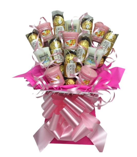 Chocolate and candle bouquet Ferrero rocher SWEET CREATIONS village candle Yankee candle tablecentre Christmas sweet hamper chocolate gift