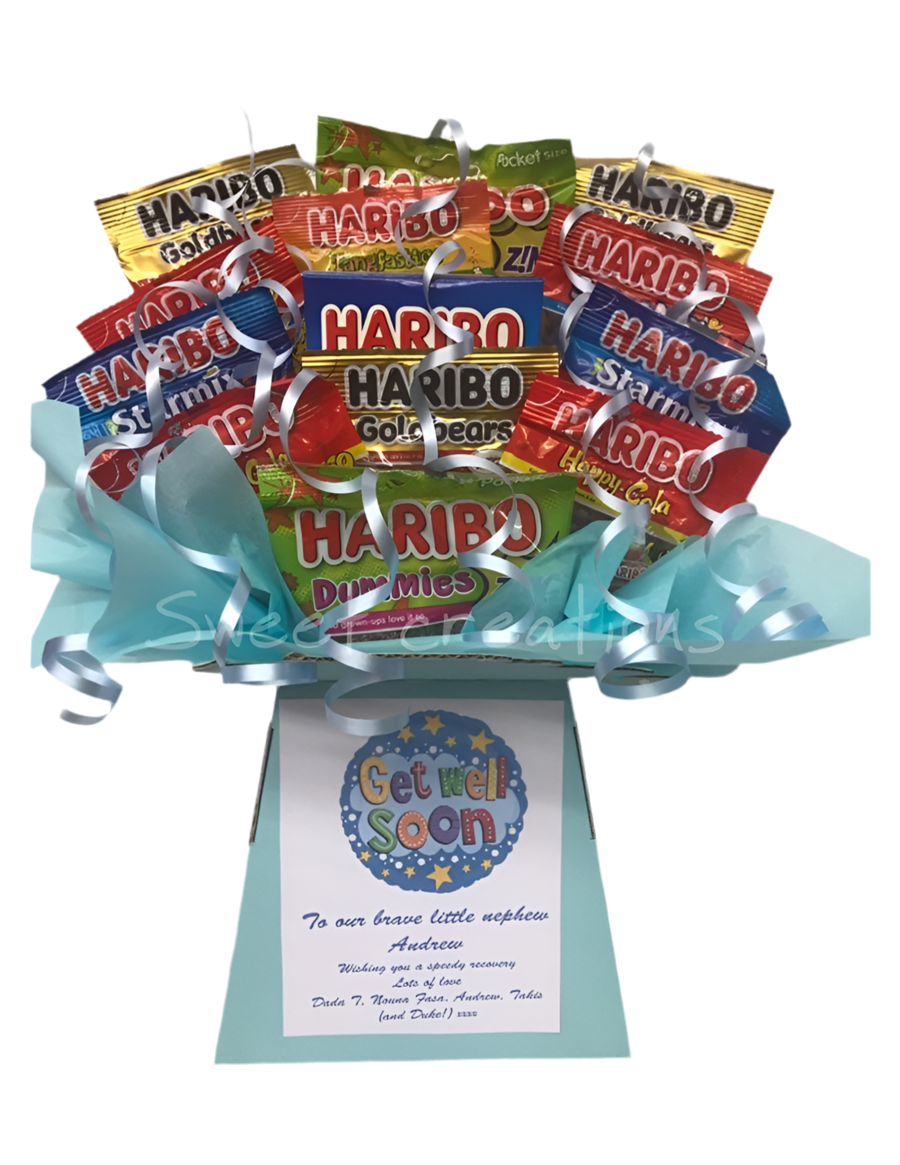 haribo sweet Bouquet SWEET CREATIONS Christmas sweet hamper Starmix tangfastics cola bottles jelly babies birthday party teblecentre