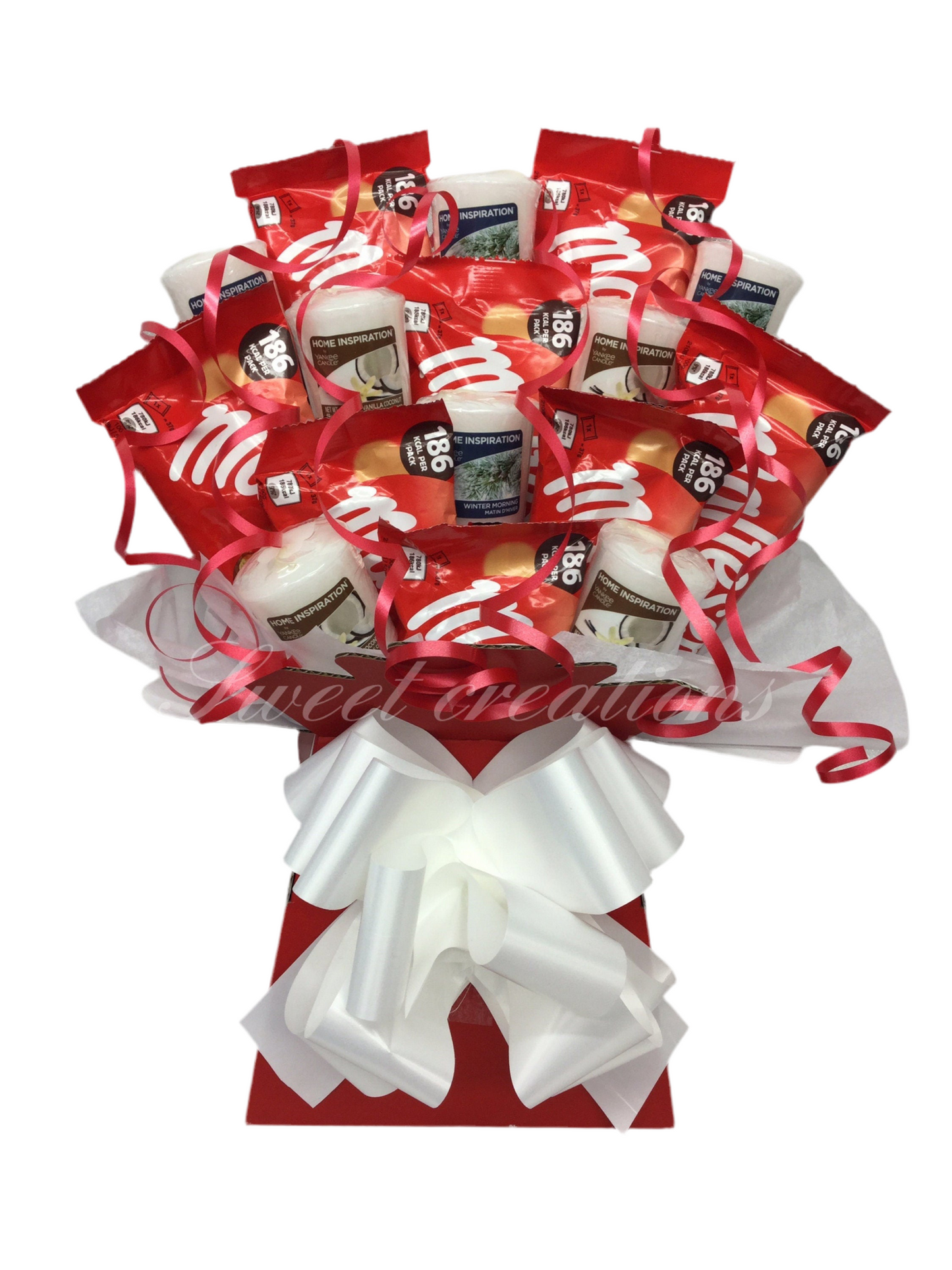 Chocolate and candle bouquet Ferrero rocher SWEET CREATIONS village candle Yankee candle tablecentre Christmas sweet hamper chocolate gift