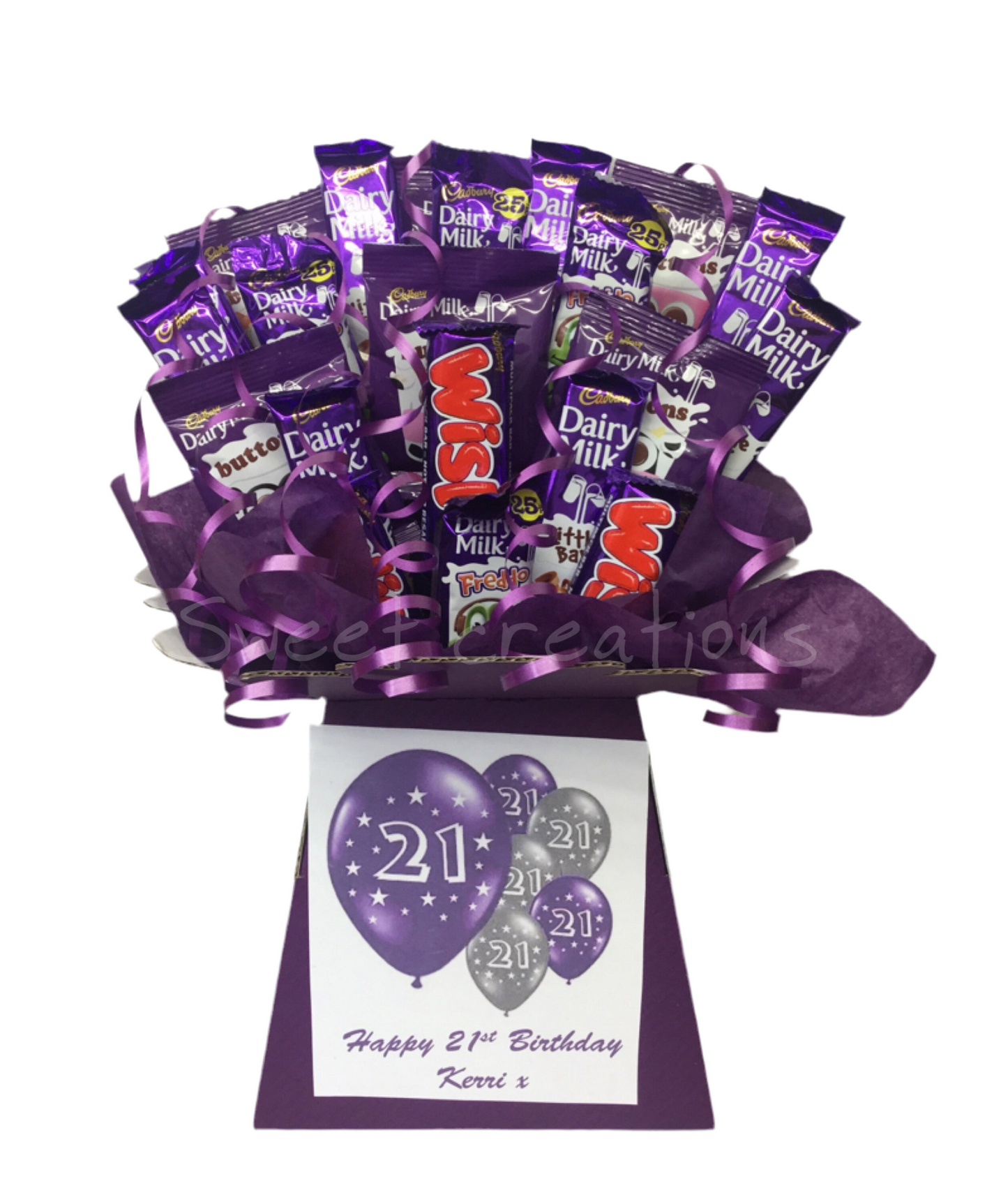cadbury chocolate,bouquet, sweet hamper, gift,purple,Christmas, sweet creations, wispa, freddos, Cadbury buttons, dairy milk teacher gift