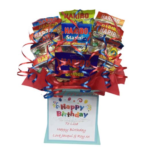 haribo sweet Bouquet SWEET CREATIONS Christmas sweet hamper Starmix tangfastics cola bottles jelly babies birthday party teblecentre