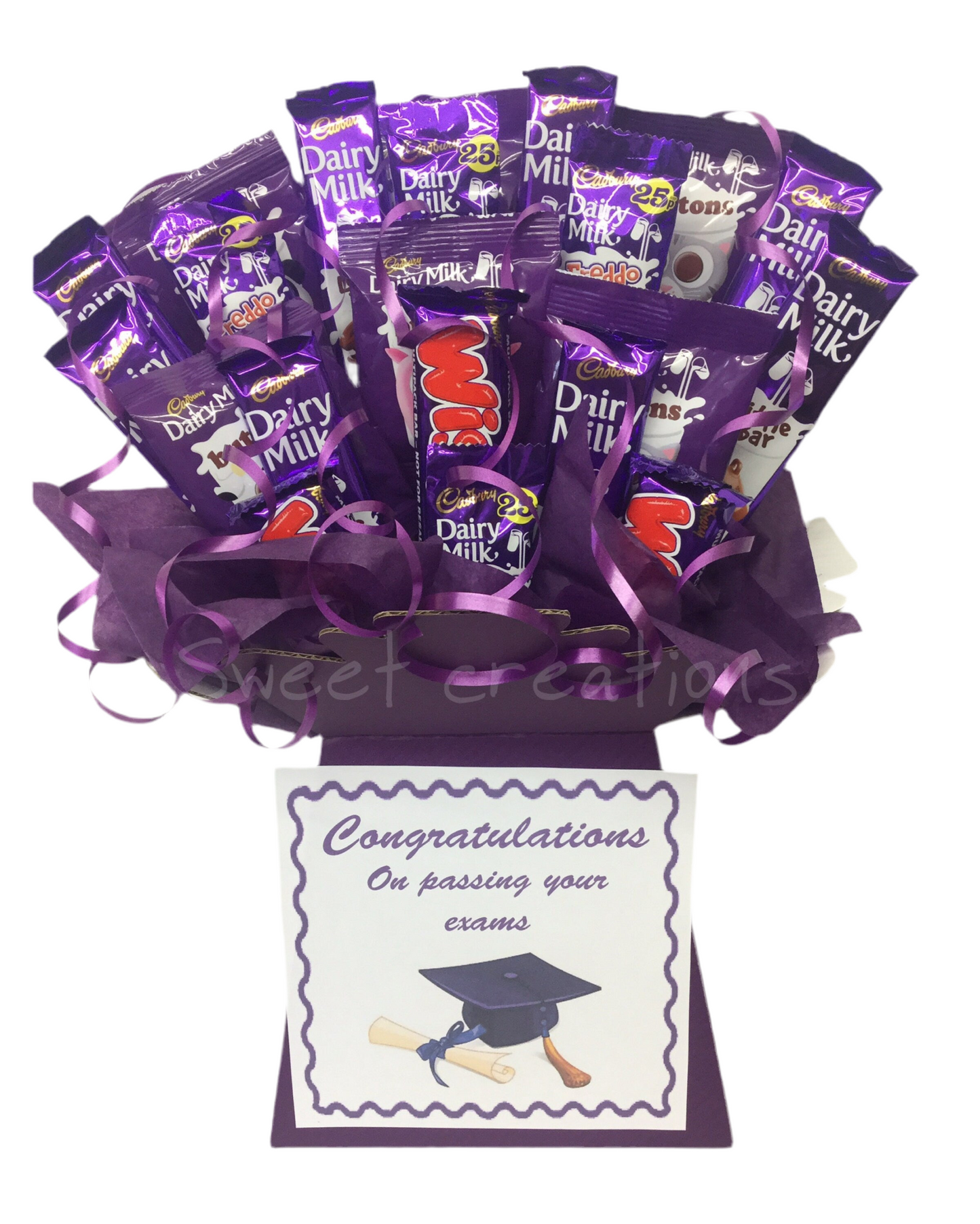 cadbury chocolate,bouquet, sweet hamper, gift,purple,Christmas, sweet creations, wispa, freddos, Cadbury buttons, dairy milk teacher gift