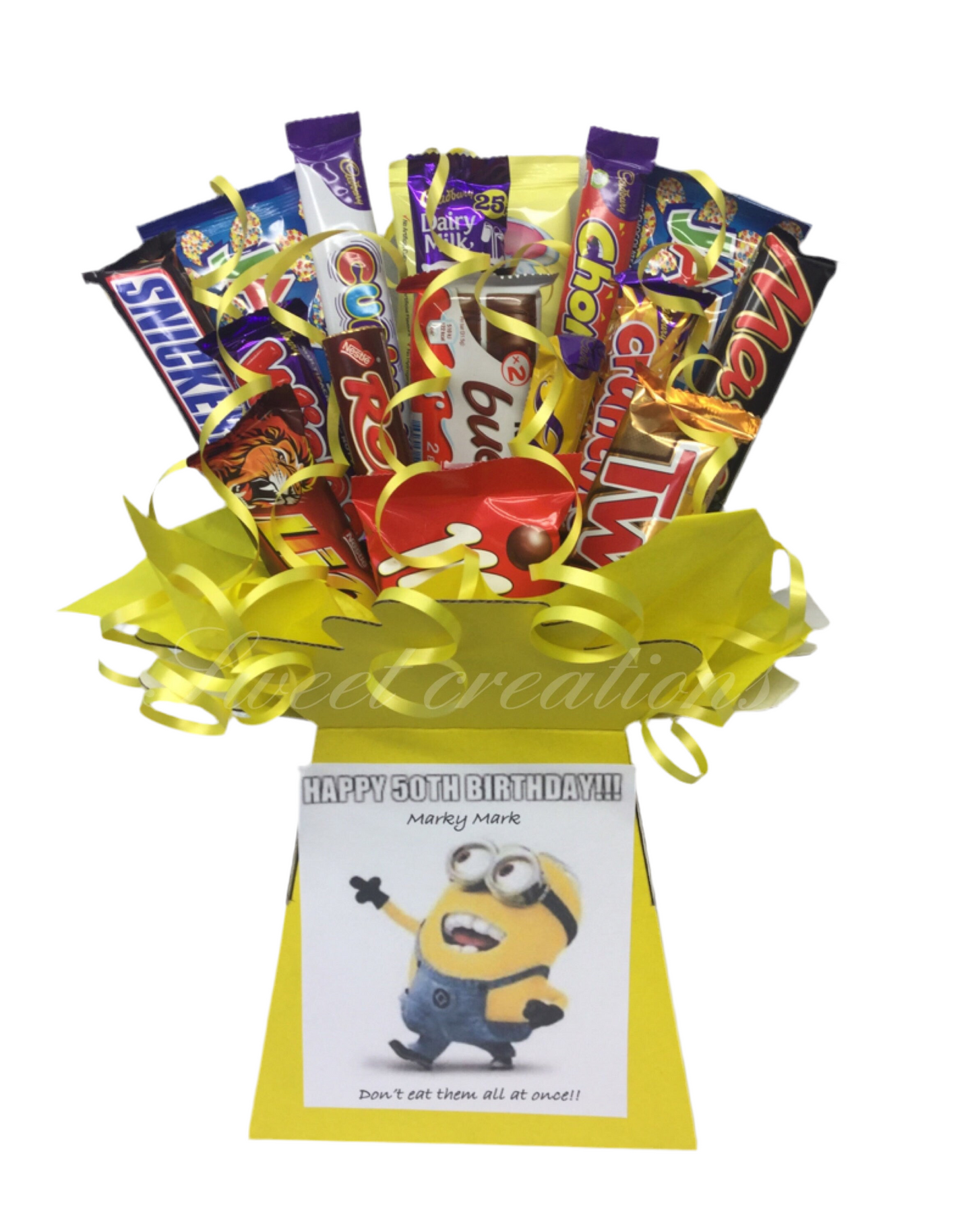 Minions large chocolate mix bouquet SWEET CREATIONS sweet hamper gift party tablecentre christmas