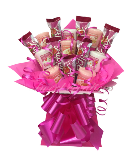 Chocolate and candle bouquet alpen light bars SWEET CREATIONS  village candle Yankee candle Mother's Day Easter sweet hamper chocolate gift