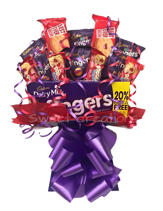 Cadburys milk chocolate fingers bouquet SWEET CREATIONS sweet hamper gift party tablecentre Jammie dodgers biscuits