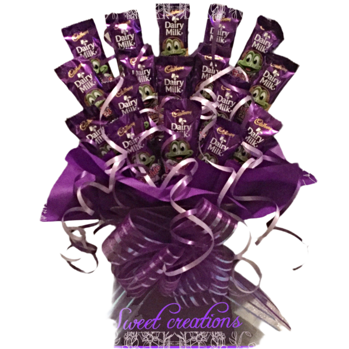 Dairy milk freddo chocolate bouquet  sweet creations Christmas tablecentre party birthday gift purple frog sweet hamper
