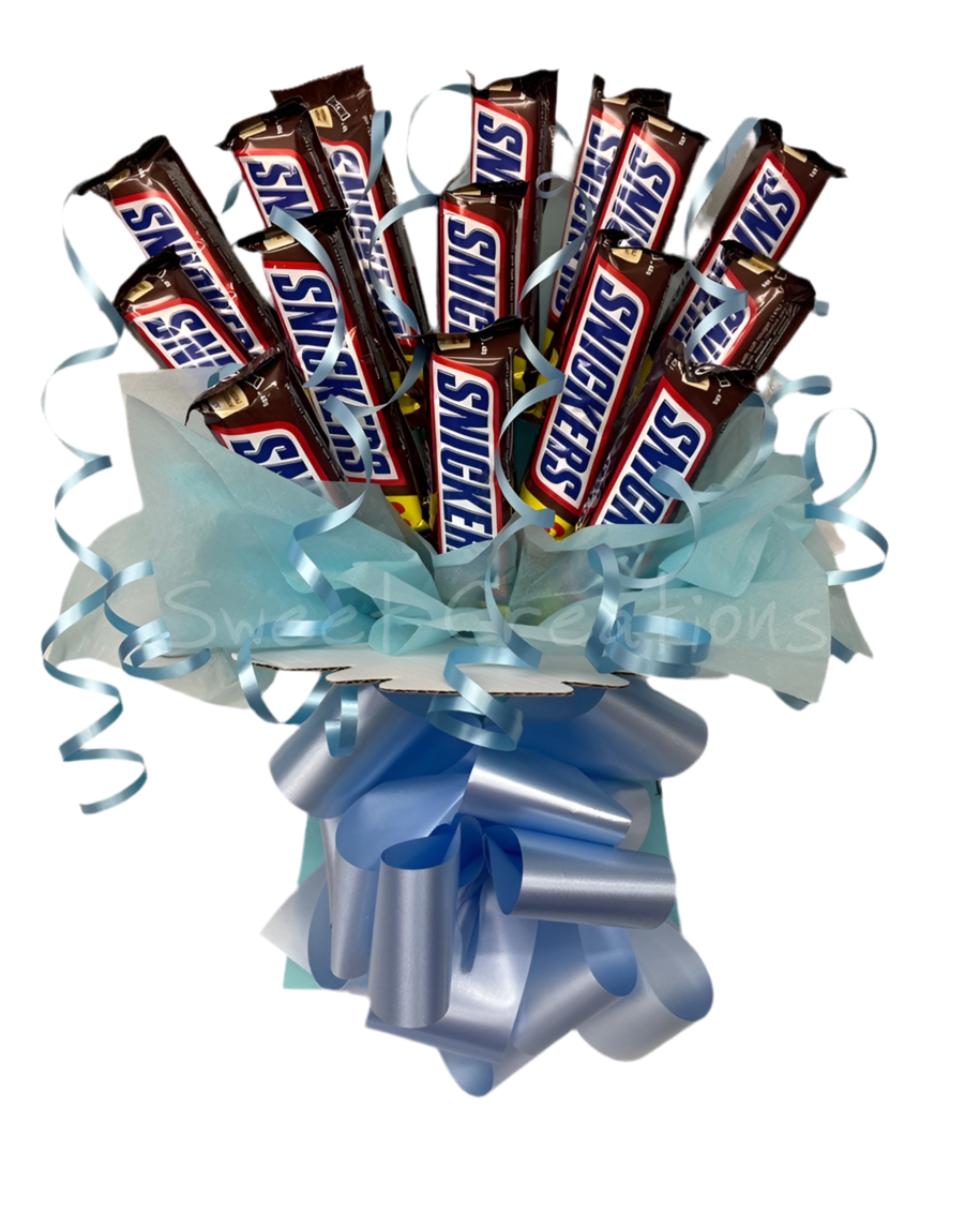 Snickers chocolate Bouquet SWEET CREATIONS sweet hamper gift party tablecentre easter Mother's Day Father's Day