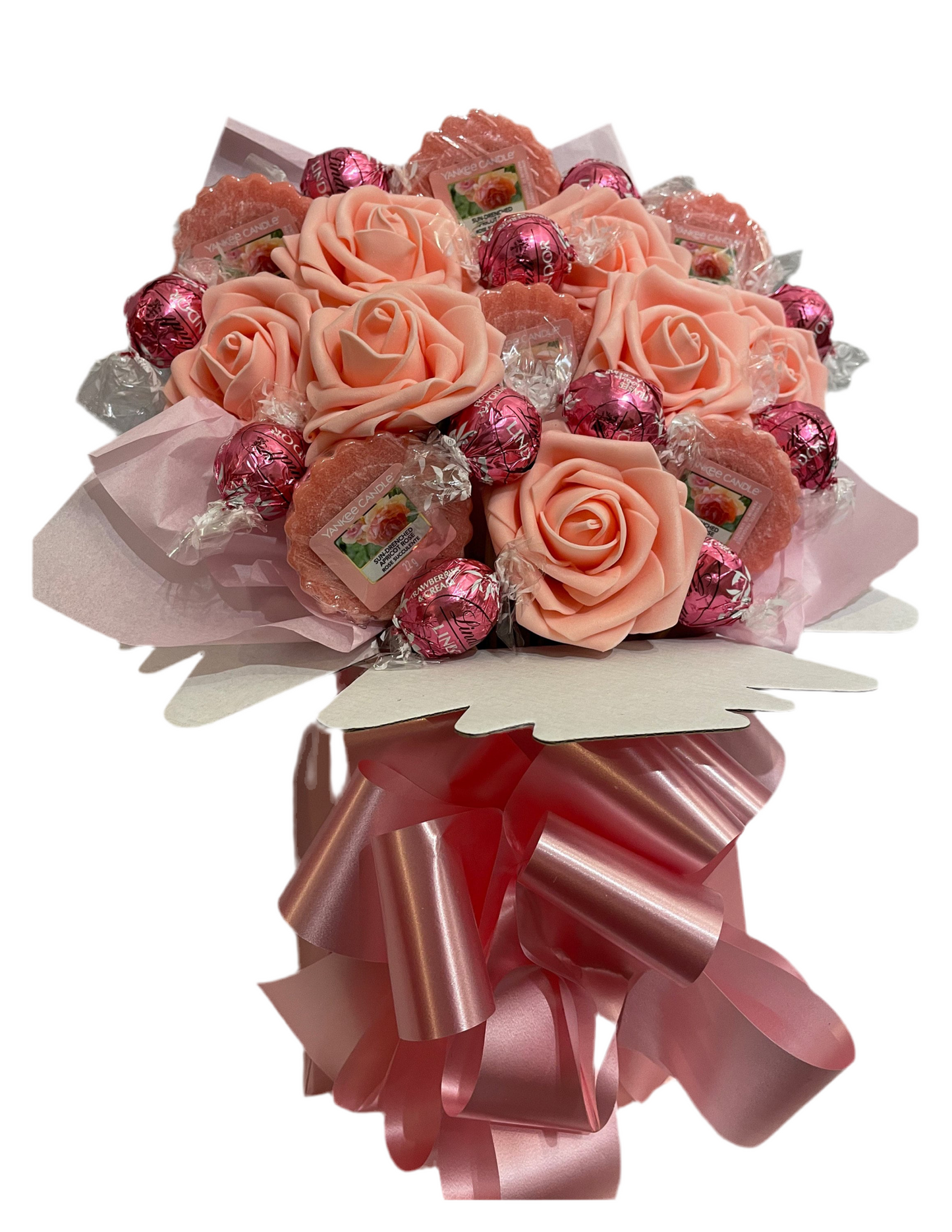 Candle, flowers and Lindt chocolate Bouquet SWEET CREATIONS sweet hamper gift party tablecentre easter Mother's Day