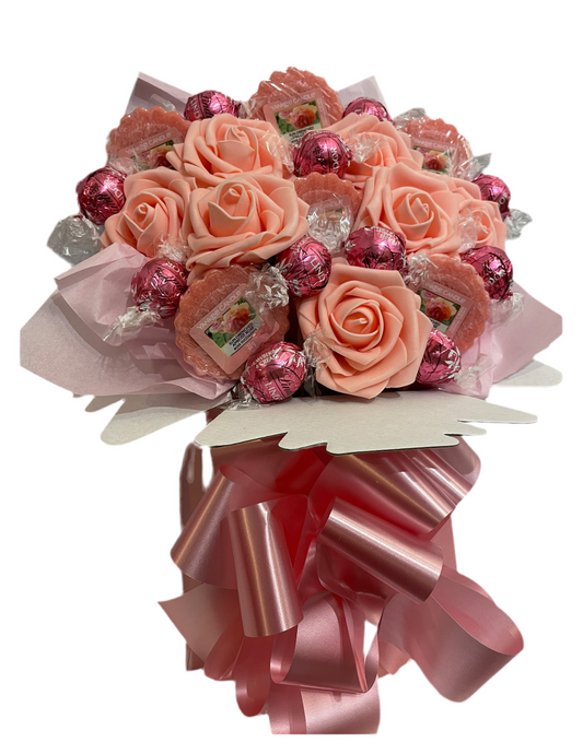 Candle, flowers and Lindt chocolate Bouquet SWEET CREATIONS sweet hamper gift party tablecentre easter Mother's Day