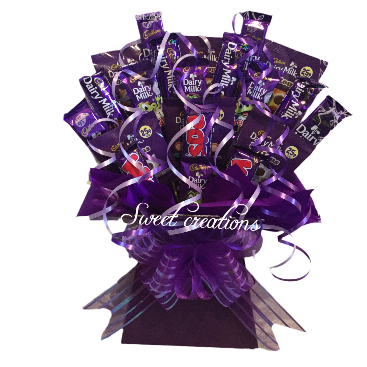 cadbury chocolate,bouquet, sweet hamper, gift,purple,Christmas, sweet creations, wispa, freddos, Cadbury buttons, dairy milk teacher gift
