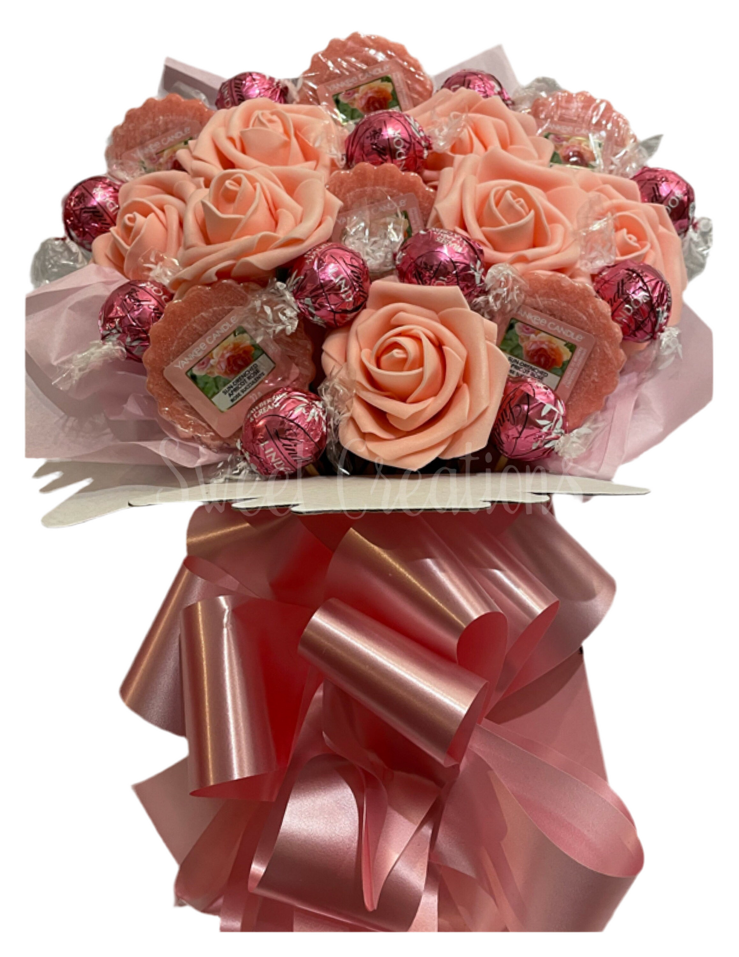 Candle, flowers and Lindt chocolate Bouquet SWEET CREATIONS sweet hamper gift party tablecentre easter Mother's Day