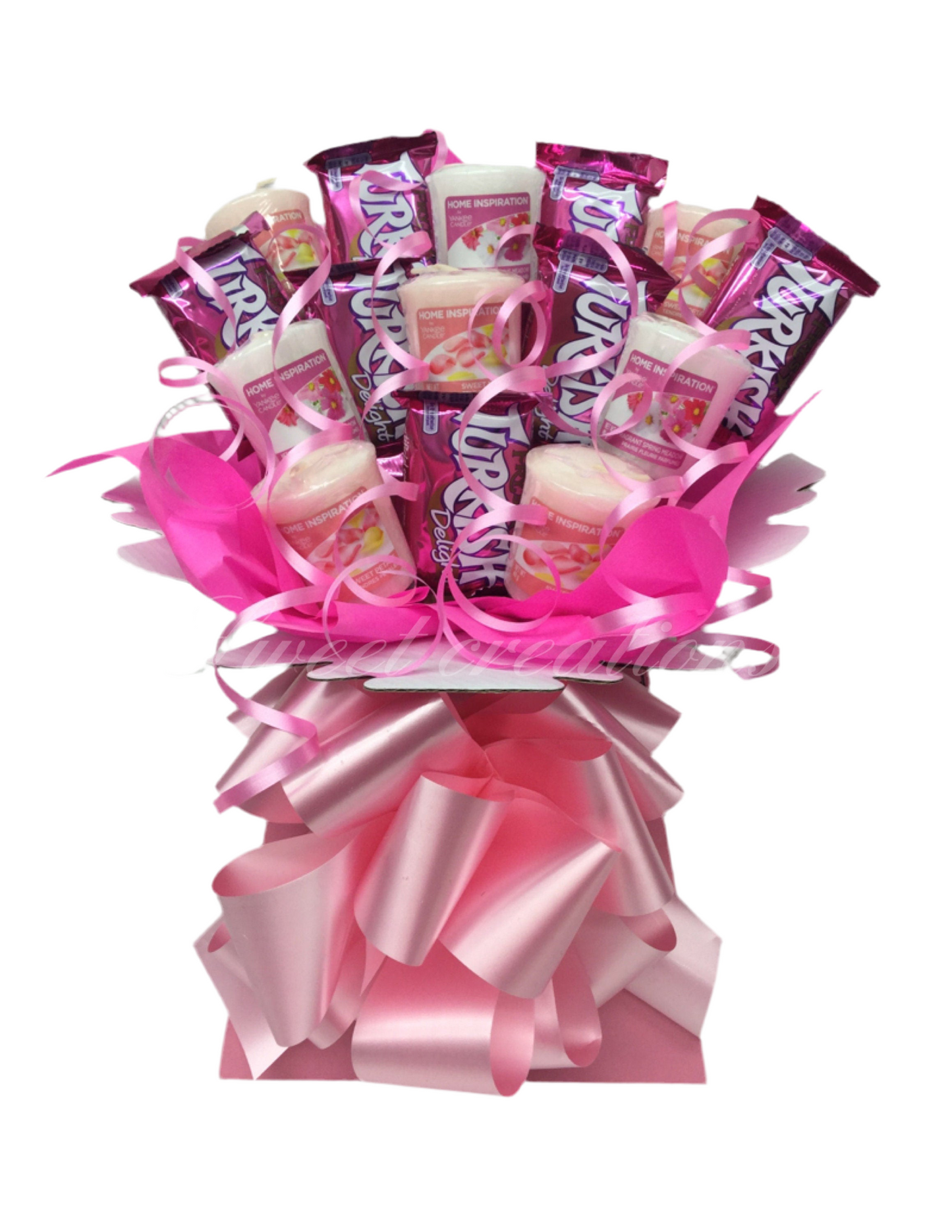 Chocolate and candle bouquet Ferrero rocher SWEET CREATIONS village candle Yankee candle tablecentre Christmas sweet hamper chocolate gift