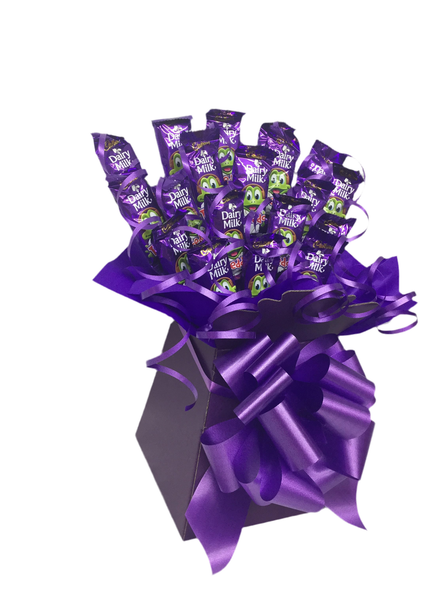 Dairy milk freddo chocolate bouquet  sweet creations Christmas tablecentre party birthday gift purple frog sweet hamper