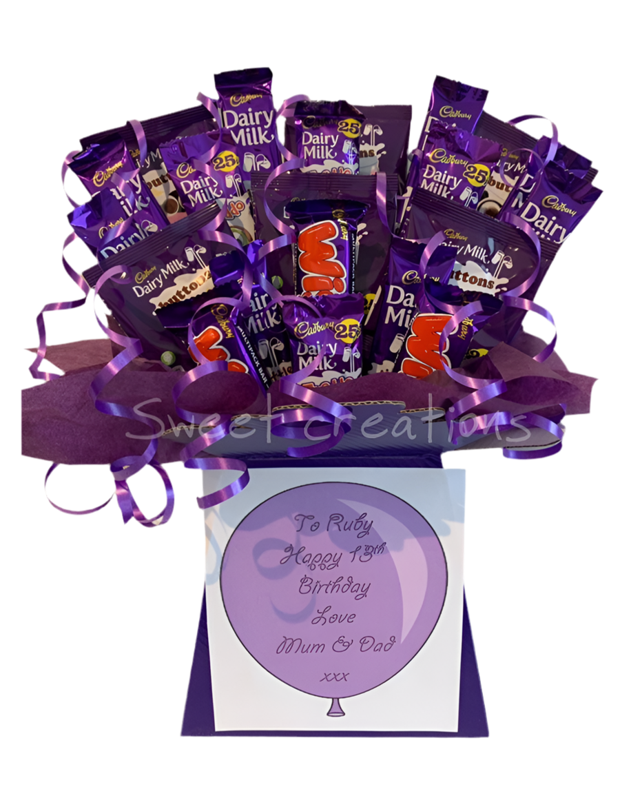 cadbury chocolate,bouquet, sweet hamper, gift,purple,Christmas, sweet creations, wispa, freddos, Cadbury buttons, dairy milk teacher gift