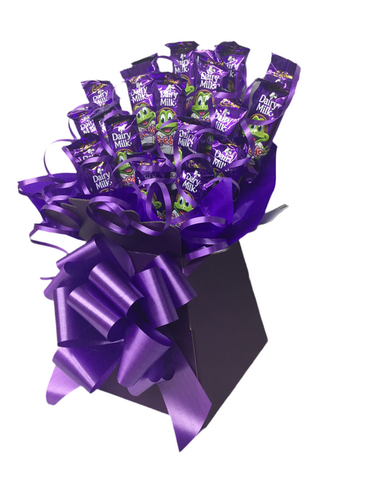 Dairy milk freddo chocolate bouquet  sweet creations Christmas tablecentre party birthday gift purple frog sweet hamper