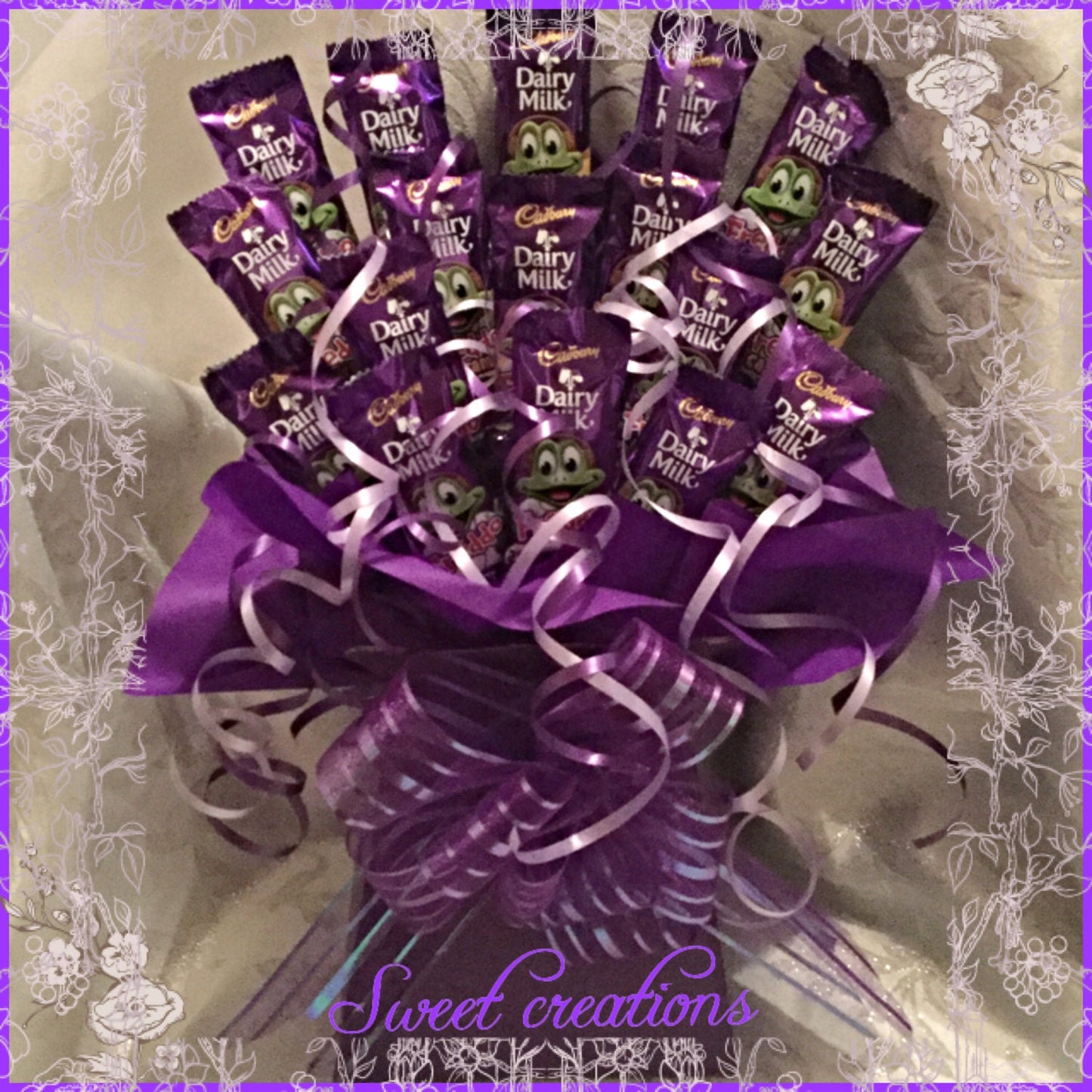 Dairy milk freddo chocolate bouquet  sweet creations Christmas tablecentre party birthday gift purple frog sweet hamper