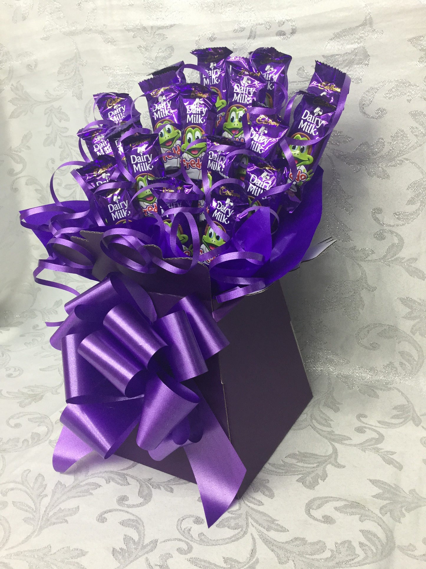 Dairy milk freddo chocolate bouquet  sweet creations Christmas tablecentre party birthday gift purple frog sweet hamper