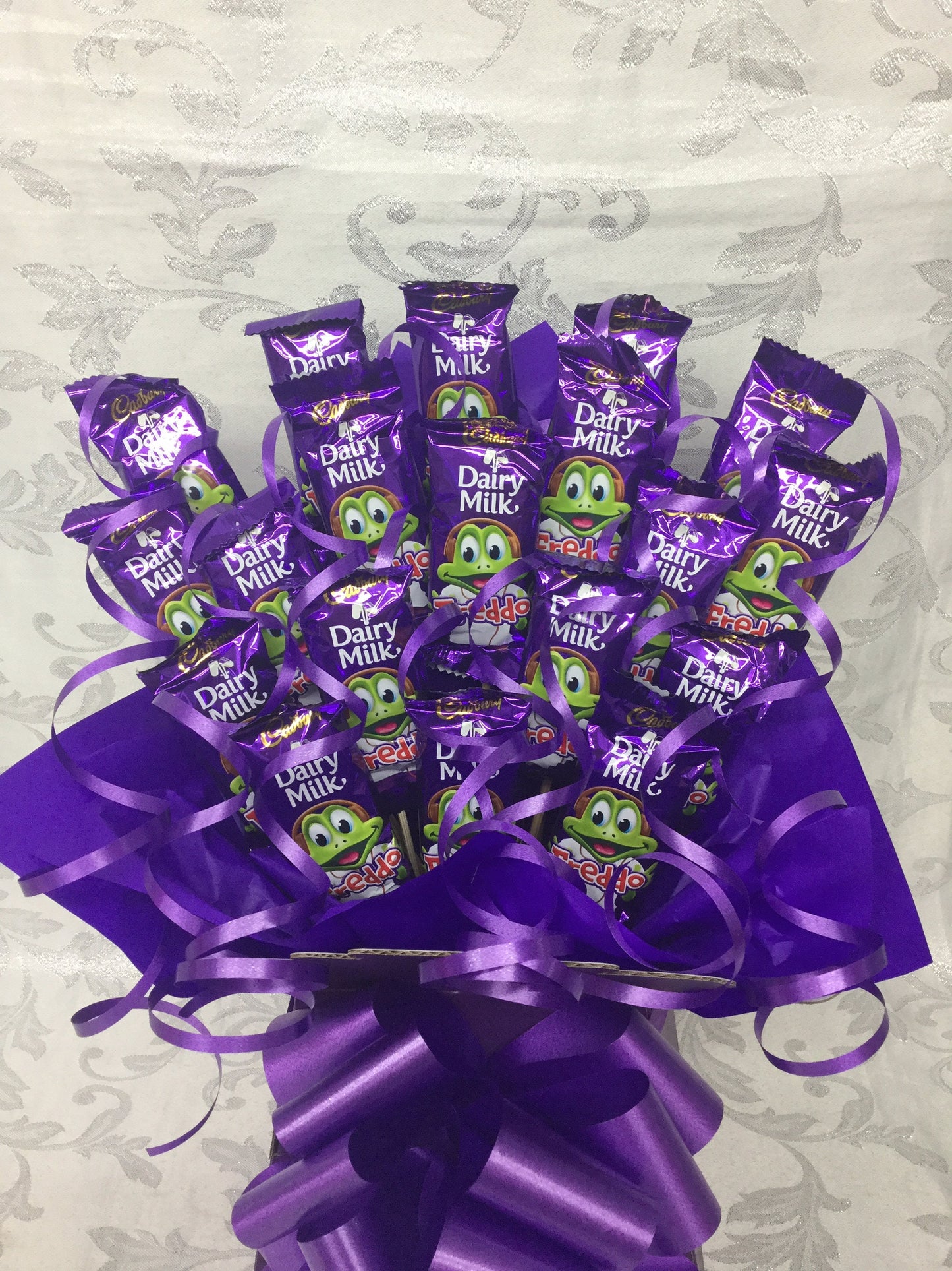 Dairy milk freddo chocolate bouquet  sweet creations Christmas tablecentre party birthday gift purple frog sweet hamper