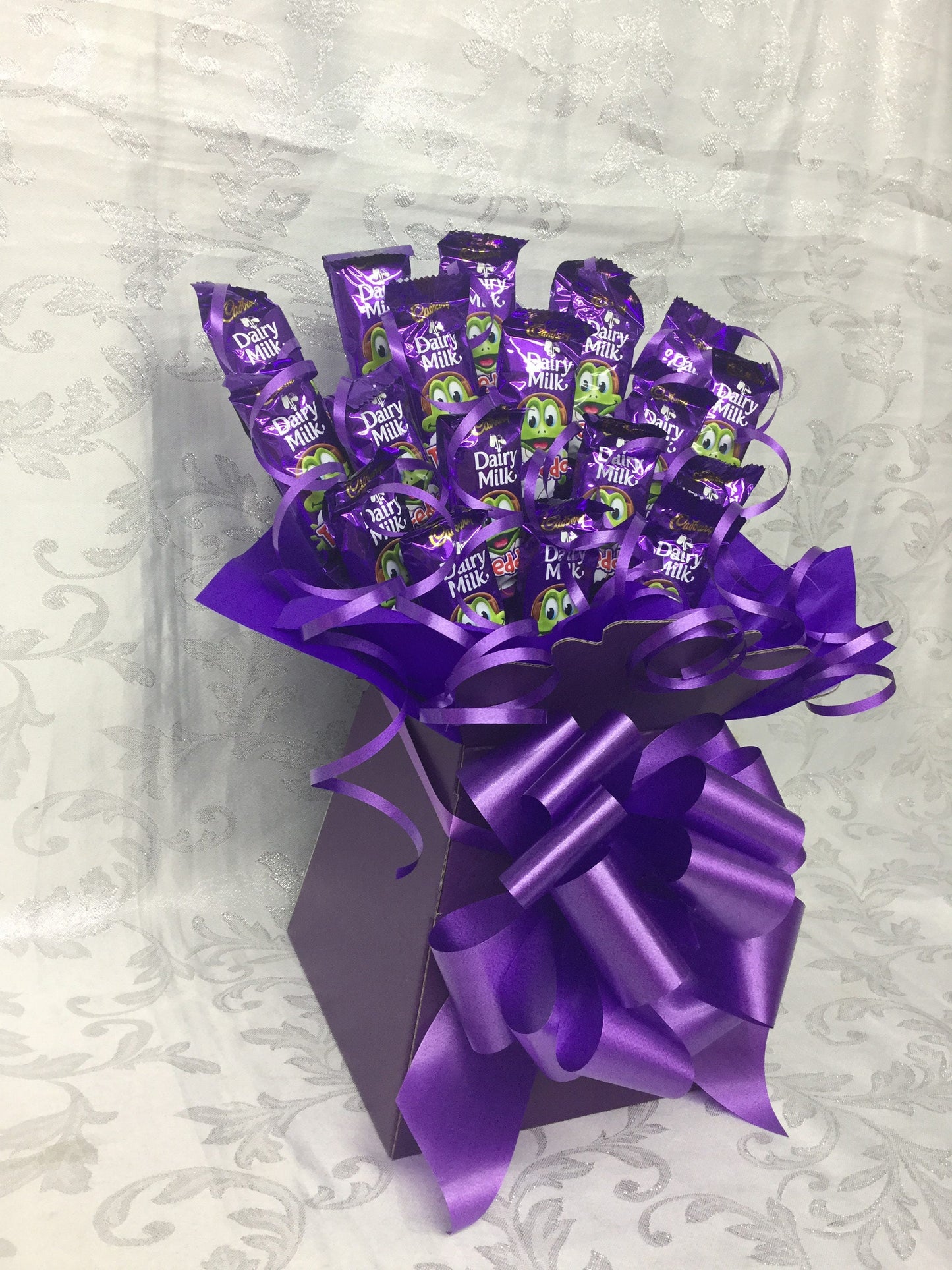 Dairy milk freddo chocolate bouquet  sweet creations Christmas tablecentre party birthday gift purple frog sweet hamper