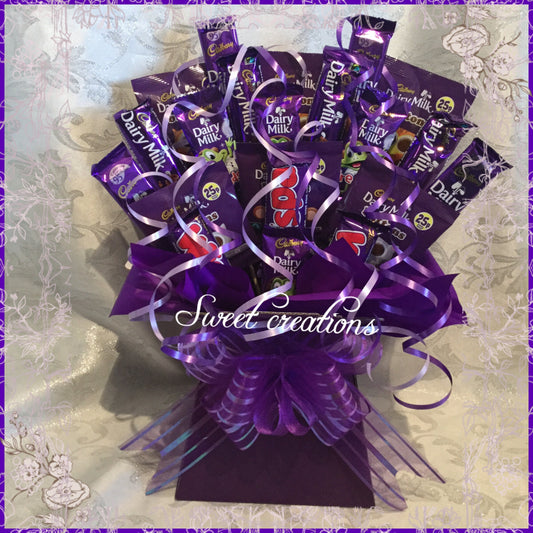 cadbury chocolate,bouquet, sweet hamper, gift,purple,Christmas, sweet creations, wispa, freddos, Cadbury buttons, dairy milk teacher gift