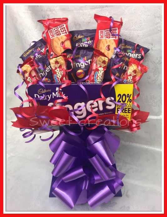 Cadburys milk chocolate fingers bouquet SWEET CREATIONS sweet hamper gift party tablecentre Jammie dodgers biscuits